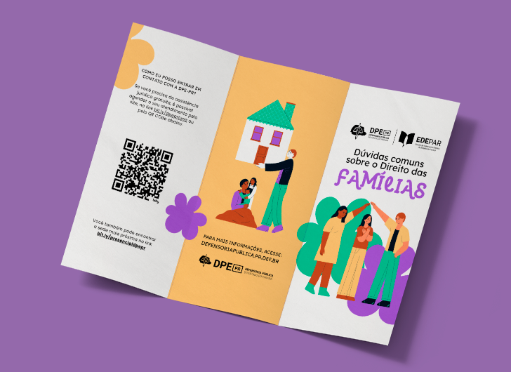 imagem com uma foto do folder impresso e aberto sobre um fundo em roxo