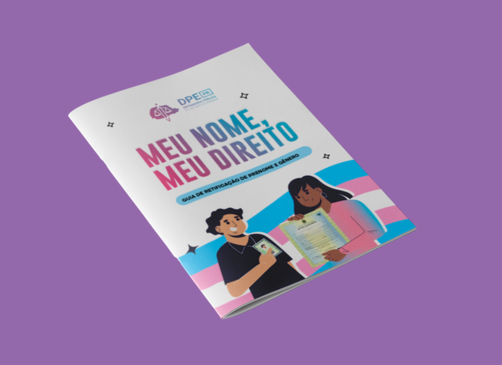 imagem com foto do livreto impresso e fechado sobre um fundo roxo